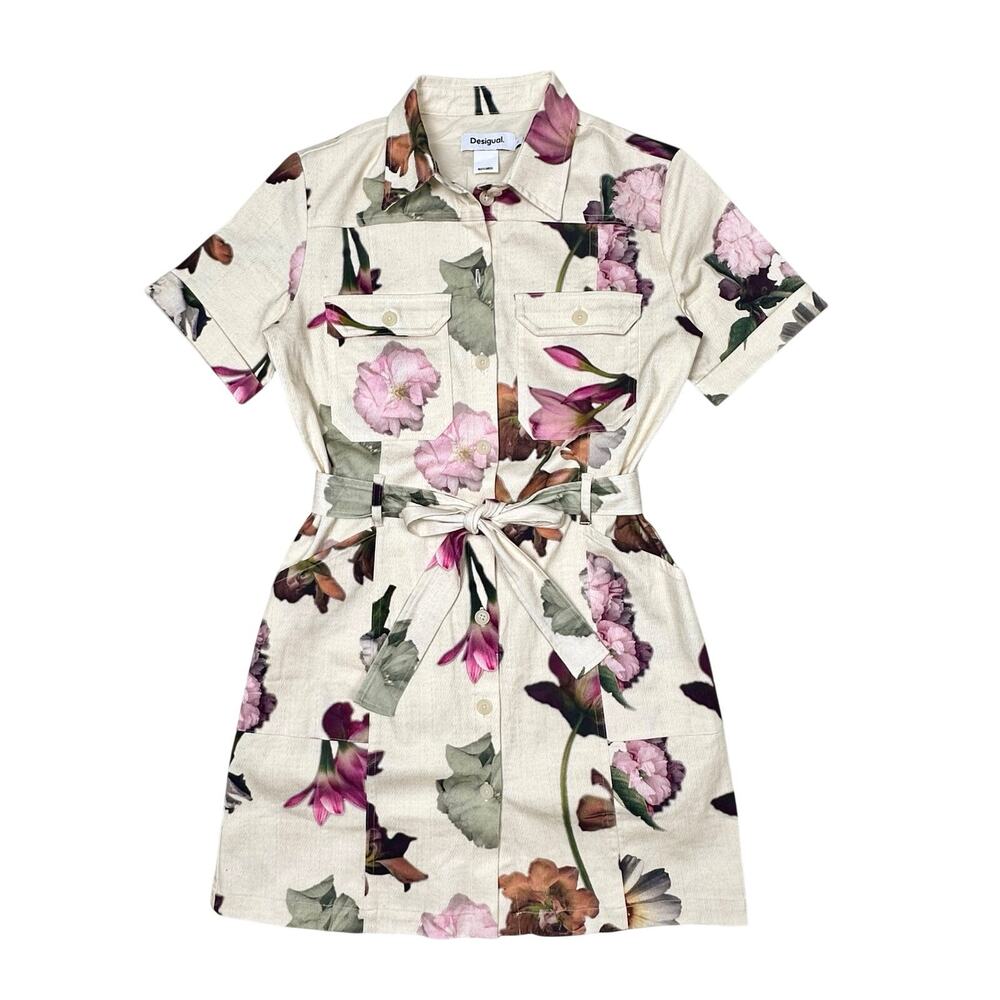 Desigual | Women | Cream Floral Spring Utility Belted Mini Shirt Dress | Medium - Picture 12 of 16